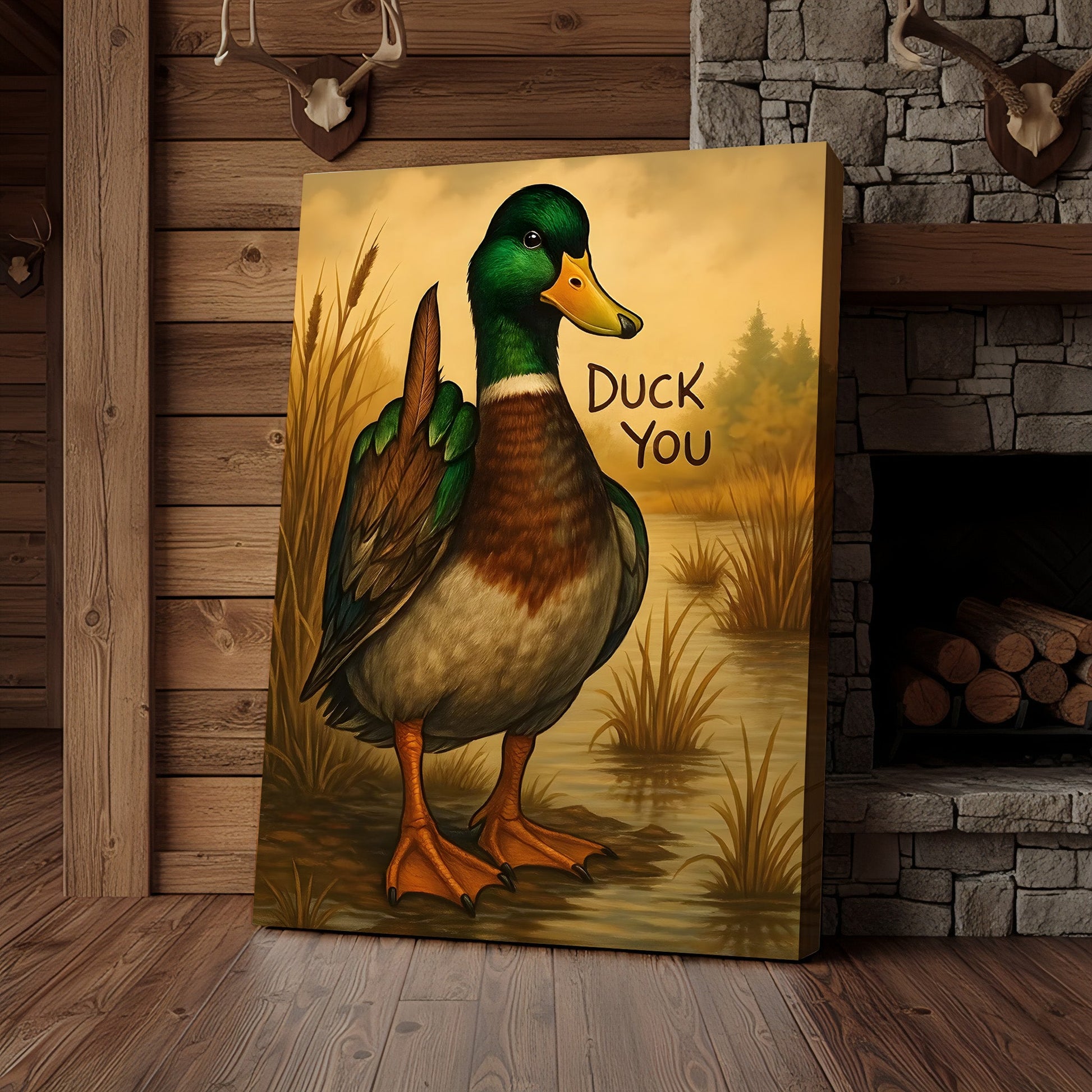 Funny Mallard Duck Canvas Wall Art – Cheeky Bathroom Decor, Rustic Lake House & Farmhouse Print