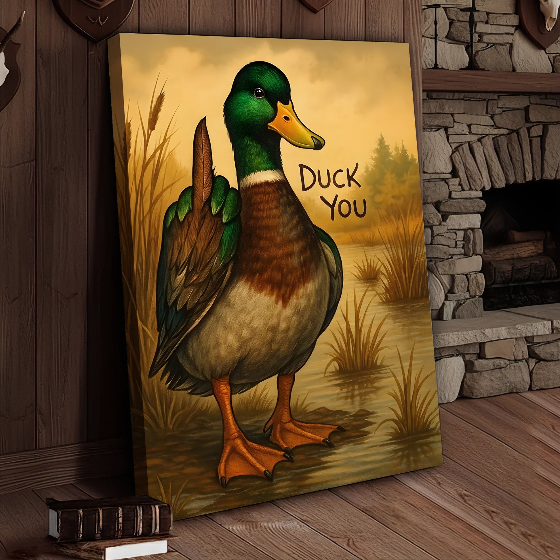 Funny Mallard Duck Canvas Wall Art – Cheeky Bathroom Decor, Rustic Lake House & Farmhouse Print
