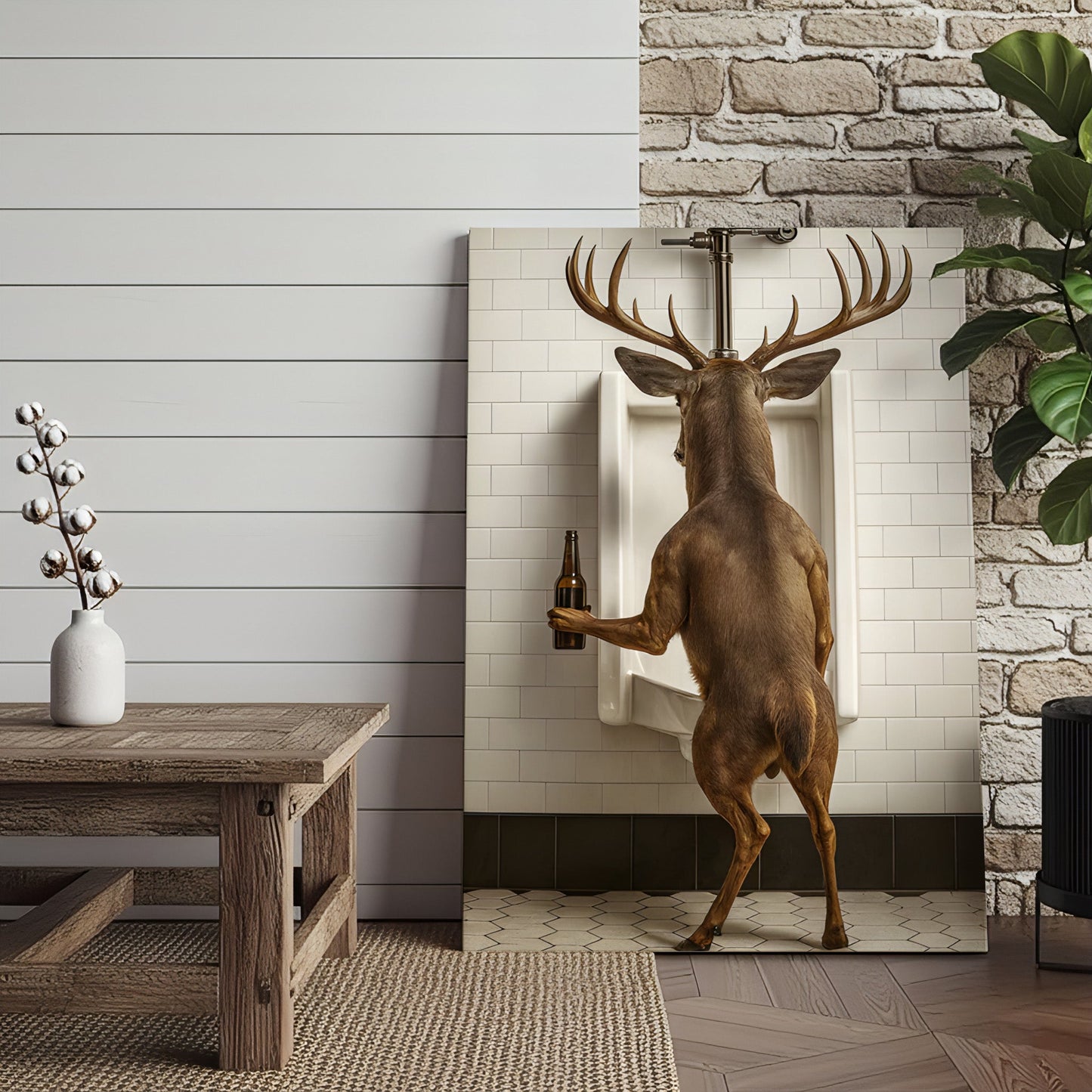 Deer Holding Beer and Standing at the Urinal Canvas – Hilarious Bathroom Wall Art for Rustic Cabin & Man Cave