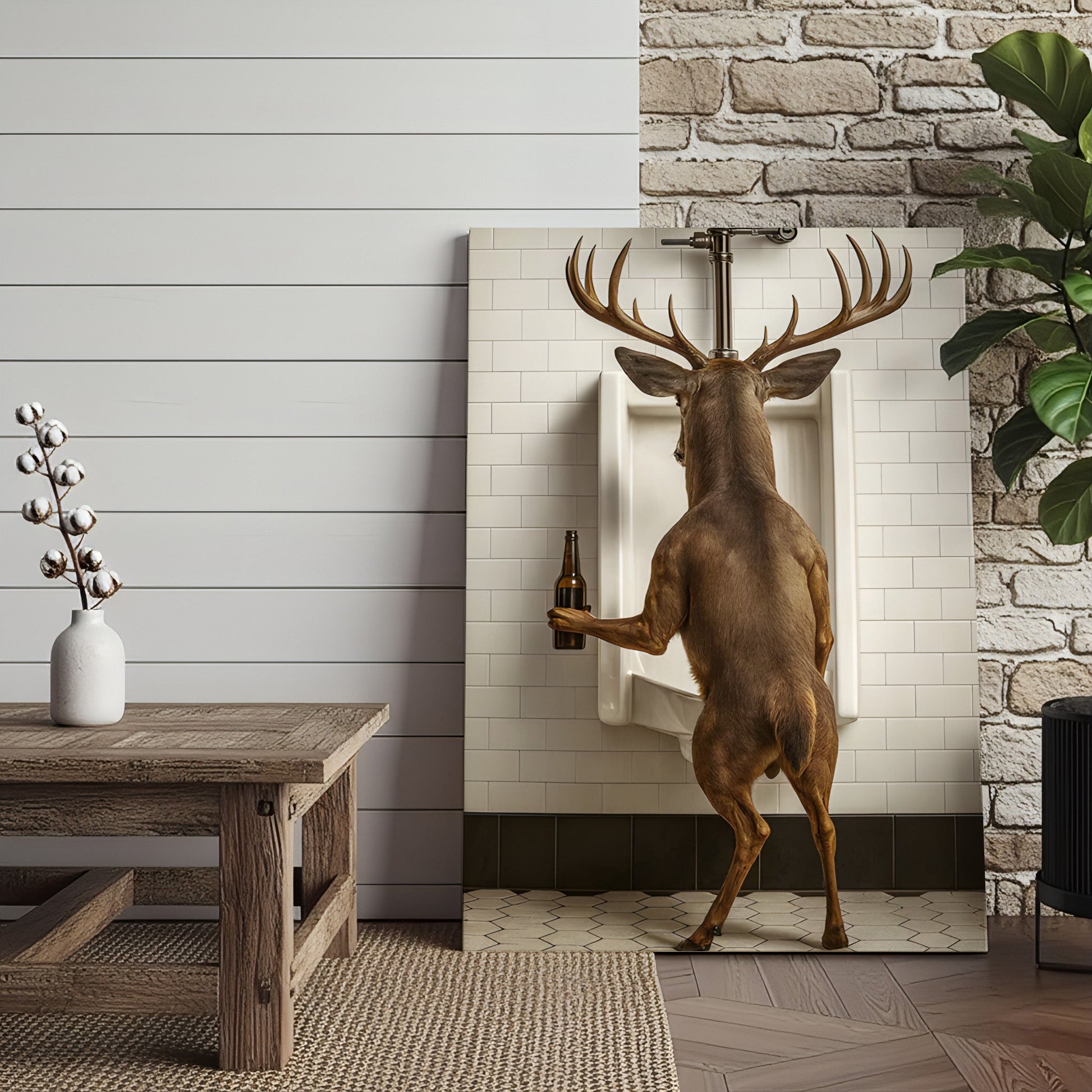 Deer Holding Beer and Standing at the Urinal Canvas – Hilarious Bathroom Wall Art for Rustic Cabin & Man Cave