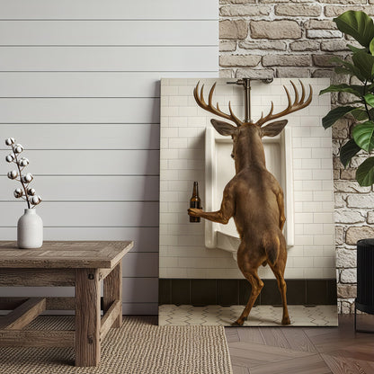 Deer Holding Beer and Standing at the Urinal Canvas – Hilarious Bathroom Wall Art for Rustic Cabin & Man Cave