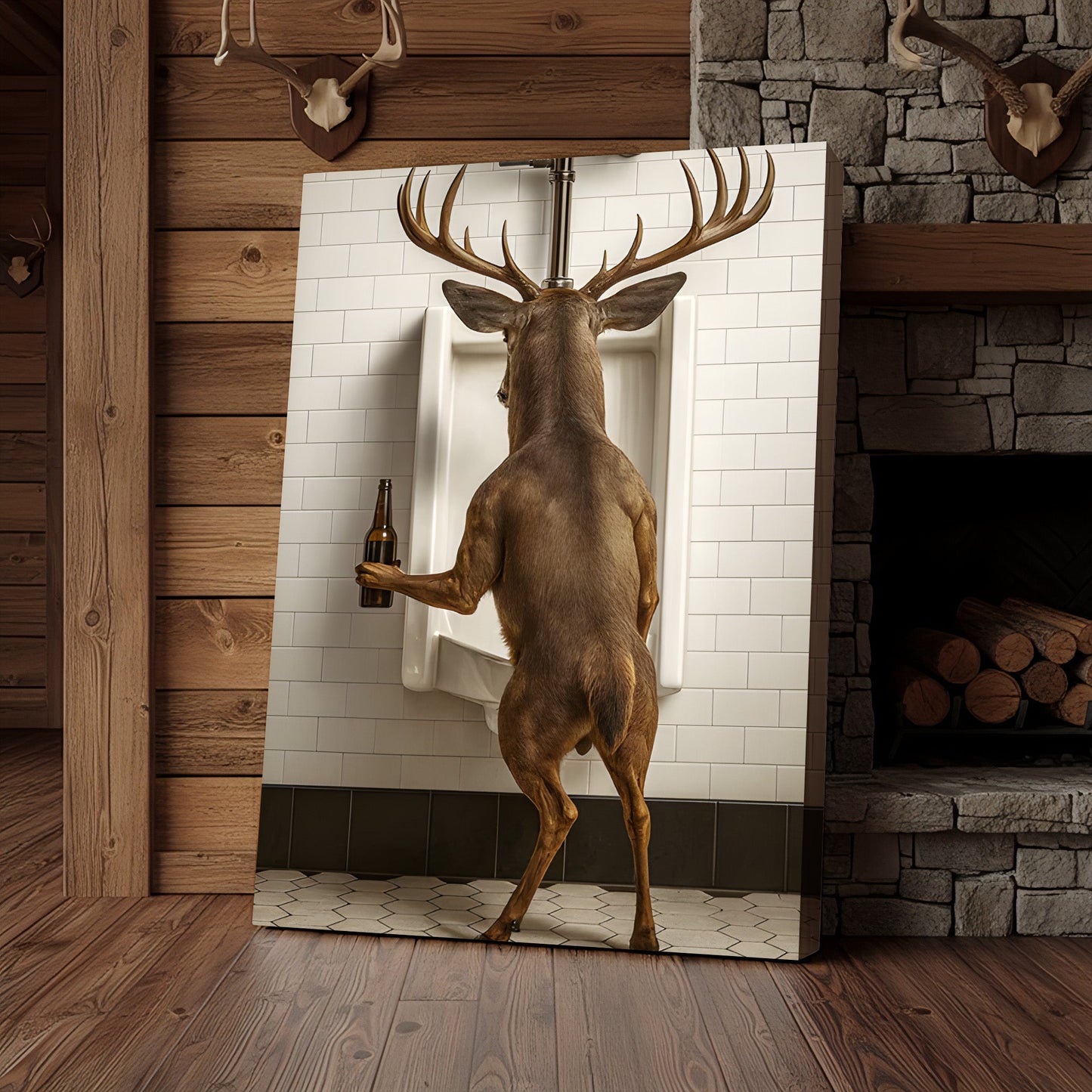 Deer Holding Beer and Standing at the Urinal Canvas – Hilarious Bathroom Wall Art for Rustic Cabin & Man Cave