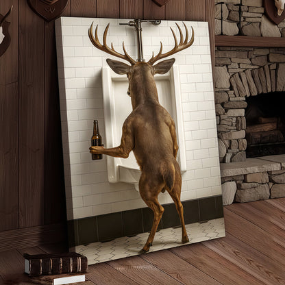 Deer Holding Beer and Standing at the Urinal Canvas – Hilarious Bathroom Wall Art for Rustic Cabin & Man Cave