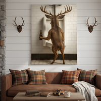 Deer Holding Beer and Standing at the Urinal Canvas – Hilarious Bathroom Wall Art for Rustic Cabin & Man Cave
