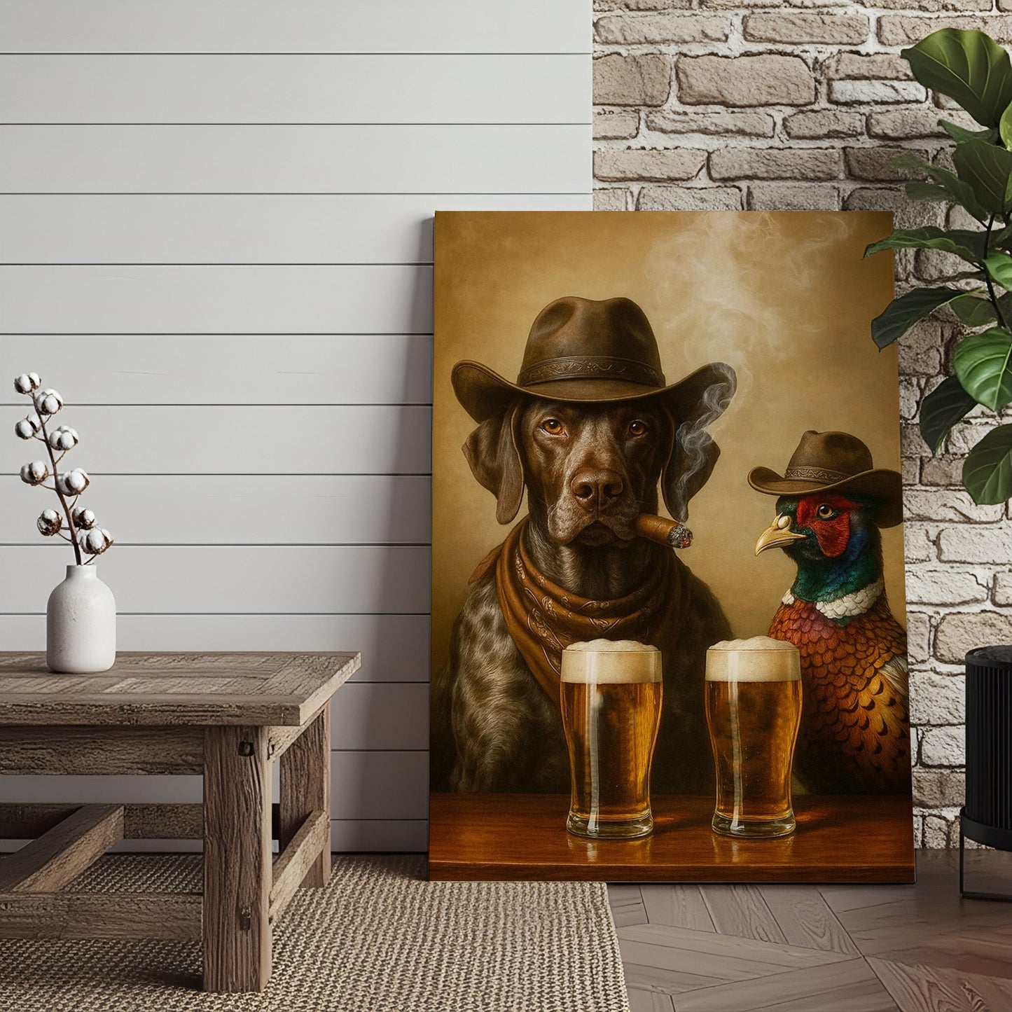 Funny Dog & Pheasant Beer Canvas Wall Art – Cowboy Hunting Bar Decor Gift for Hunters & Outdoorsmen