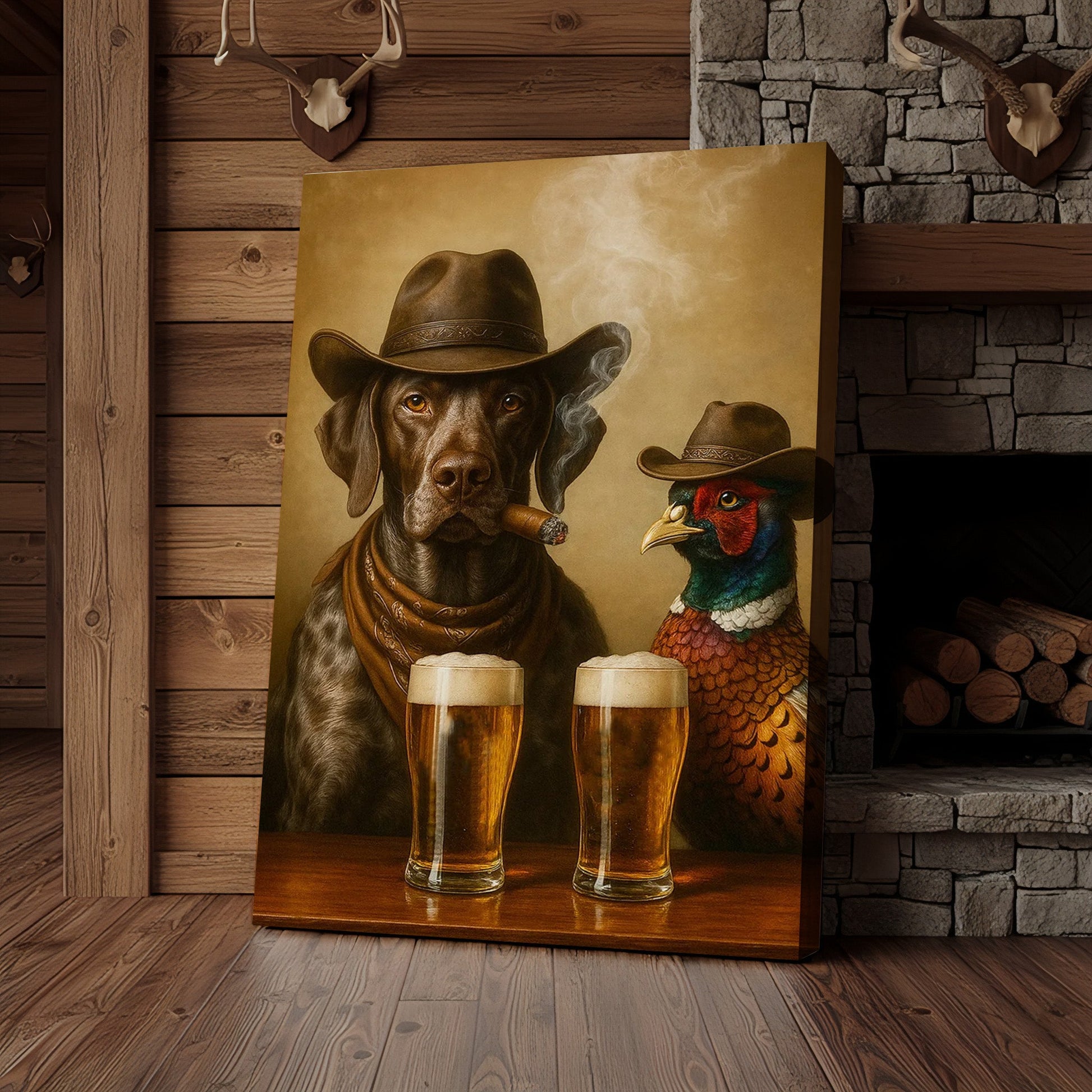 Funny Dog & Pheasant Beer Canvas Wall Art – Cowboy Hunting Bar Decor Gift for Hunters & Outdoorsmen