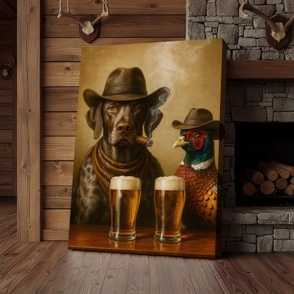 Funny Dog & Pheasant Beer Canvas Wall Art – Cowboy Hunting Bar Decor Gift for Hunters & Outdoorsmen