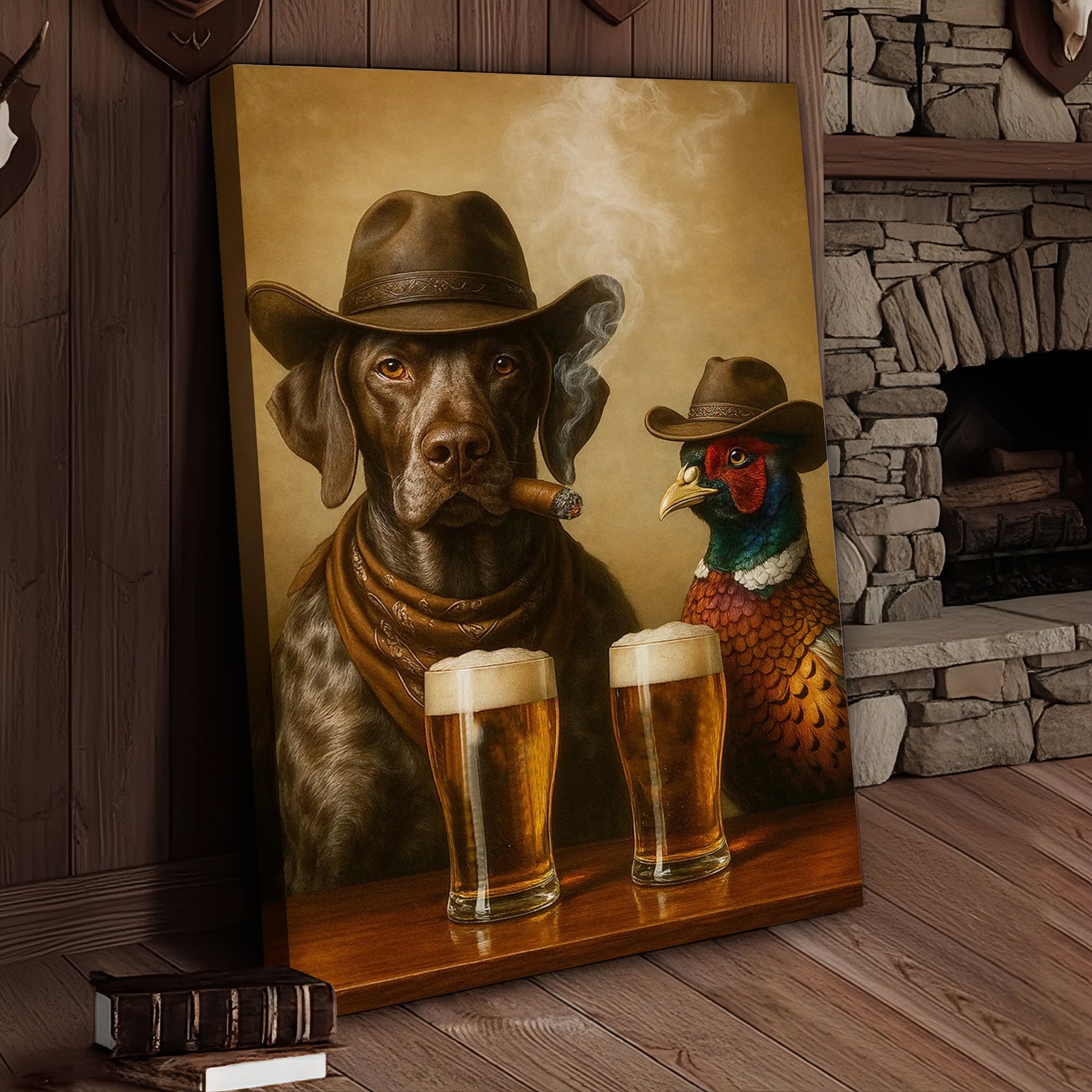 Funny Dog & Pheasant Beer Canvas Wall Art – Cowboy Hunting Bar Decor Gift for Hunters & Outdoorsmen
