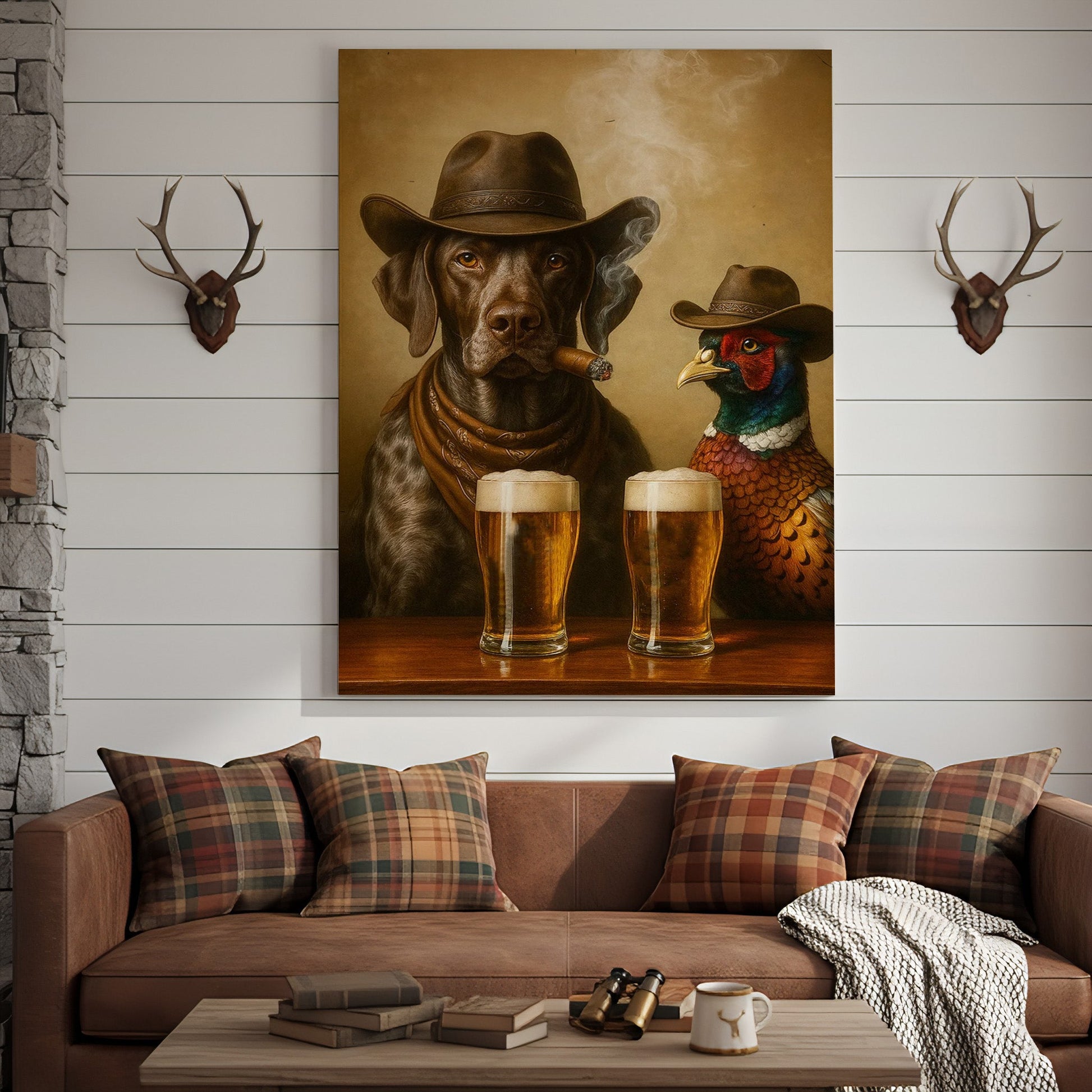Funny Dog & Pheasant Beer Canvas Wall Art – Cowboy Hunting Bar Decor Gift for Hunters & Outdoorsmen