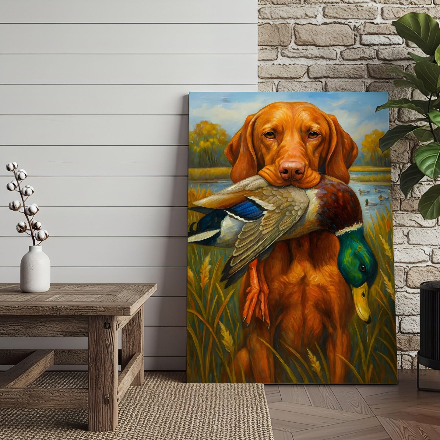 Rustic Hunting Wall Art – Dog and Duck Canvas Print