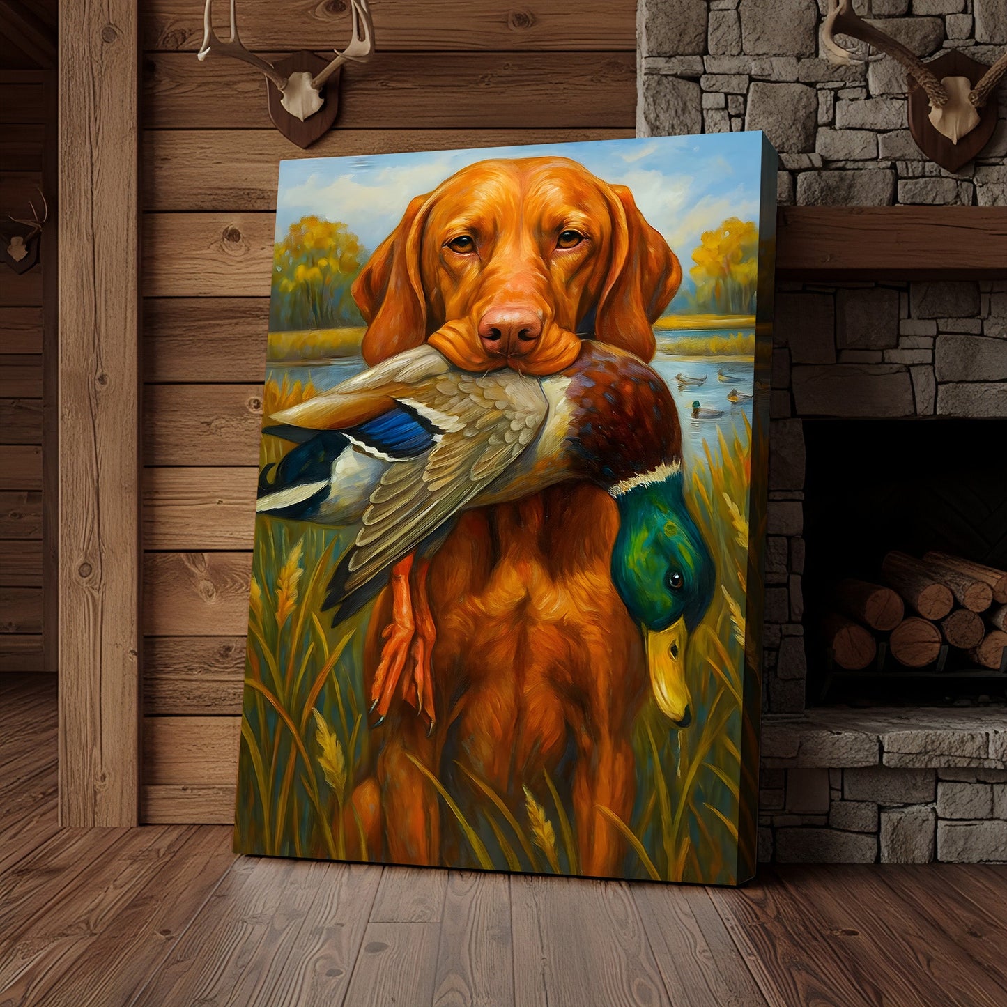 Rustic Hunting Wall Art – Dog and Duck Canvas Print