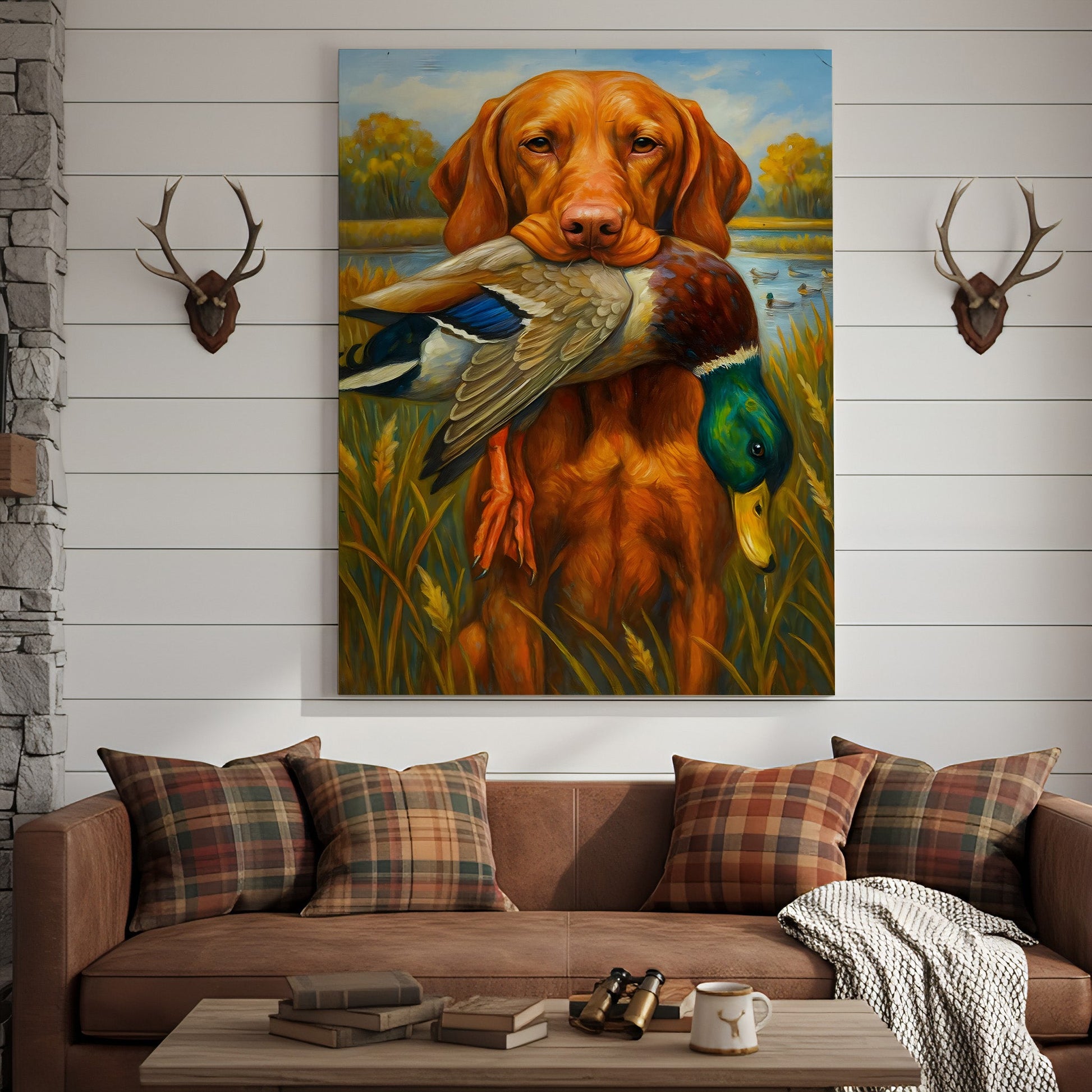 Rustic Hunting Wall Art – Dog and Duck Canvas Print