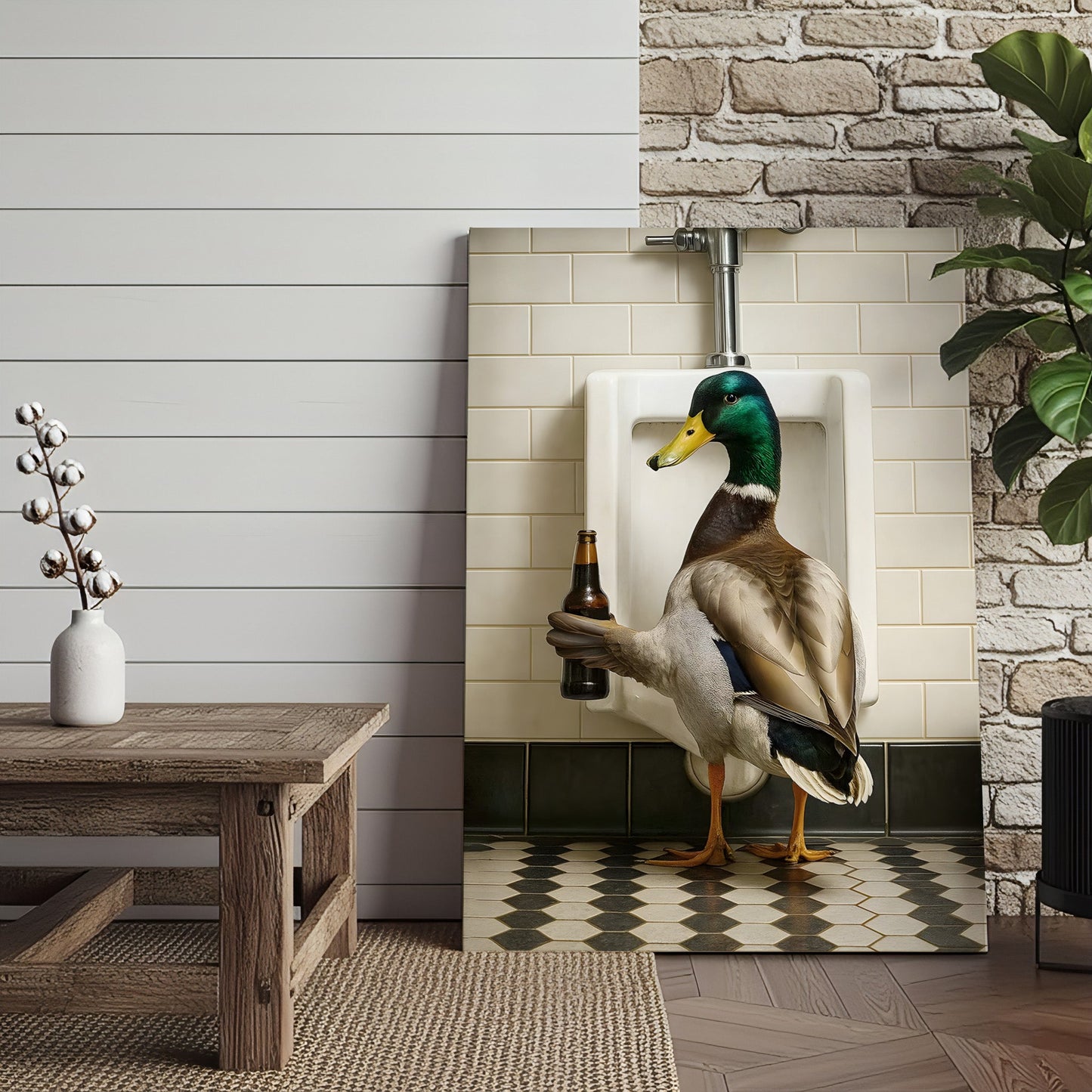 Funny Mallard Duck Holding Beer Bathroom Canvas – Duck at Urinal Wall Art, Rustic Cabin & Man Cave Decor
