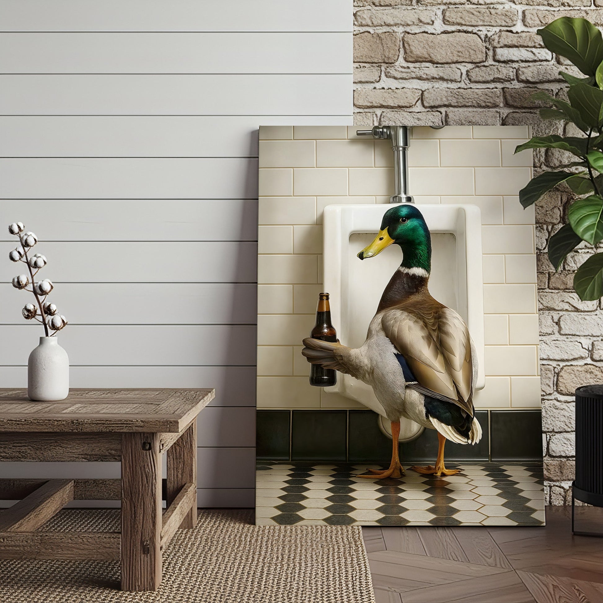 Funny Mallard Duck Holding Beer Bathroom Canvas – Duck at Urinal Wall Art, Rustic Cabin & Man Cave Decor