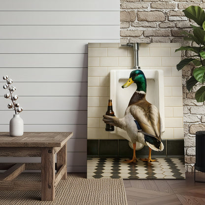 Funny Mallard Duck Holding Beer Bathroom Canvas – Duck at Urinal Wall Art, Rustic Cabin & Man Cave Decor