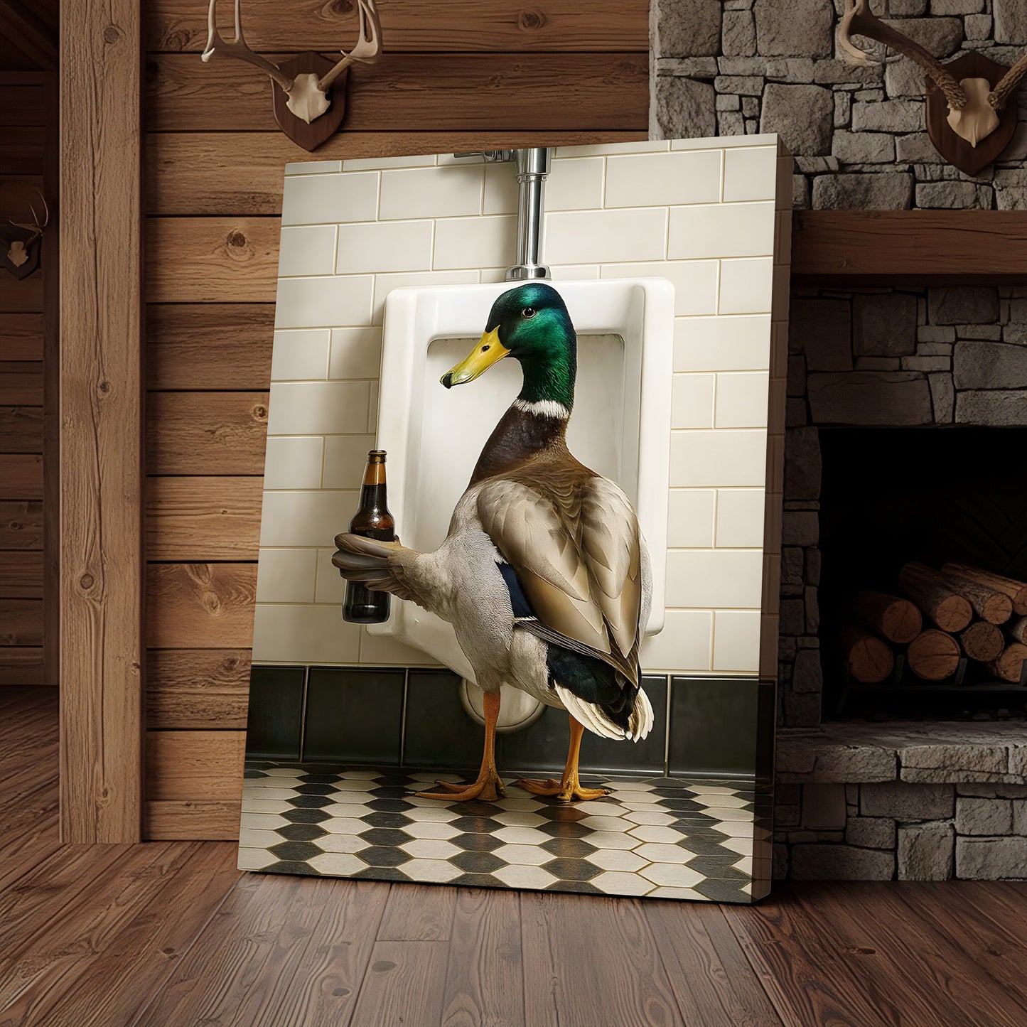 Funny Mallard Duck Holding Beer Bathroom Canvas – Duck at Urinal Wall Art, Rustic Cabin & Man Cave Decor