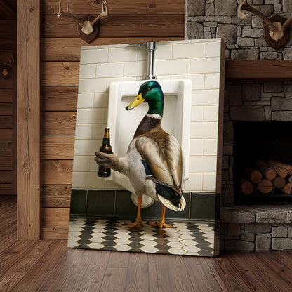 Funny Mallard Duck Holding Beer Bathroom Canvas – Duck at Urinal Wall Art, Rustic Cabin & Man Cave Decor