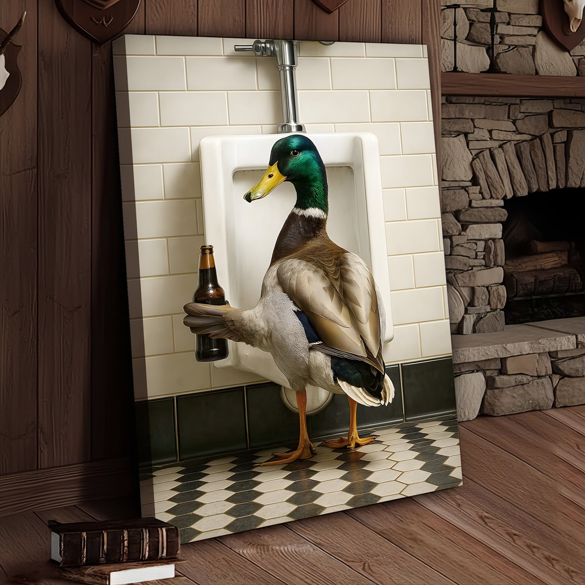 Funny Mallard Duck Holding Beer Bathroom Canvas – Duck at Urinal Wall Art, Rustic Cabin & Man Cave Decor