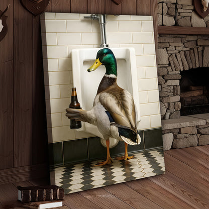 Funny Mallard Duck Holding Beer Bathroom Canvas – Duck at Urinal Wall Art, Rustic Cabin & Man Cave Decor