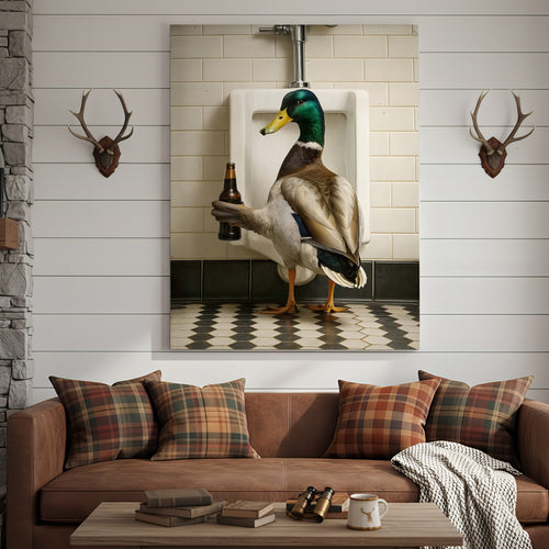 Funny Mallard Duck Holding Beer Bathroom Canvas – Duck at Urinal Wall Art, Rustic Cabin & Man Cave Decor