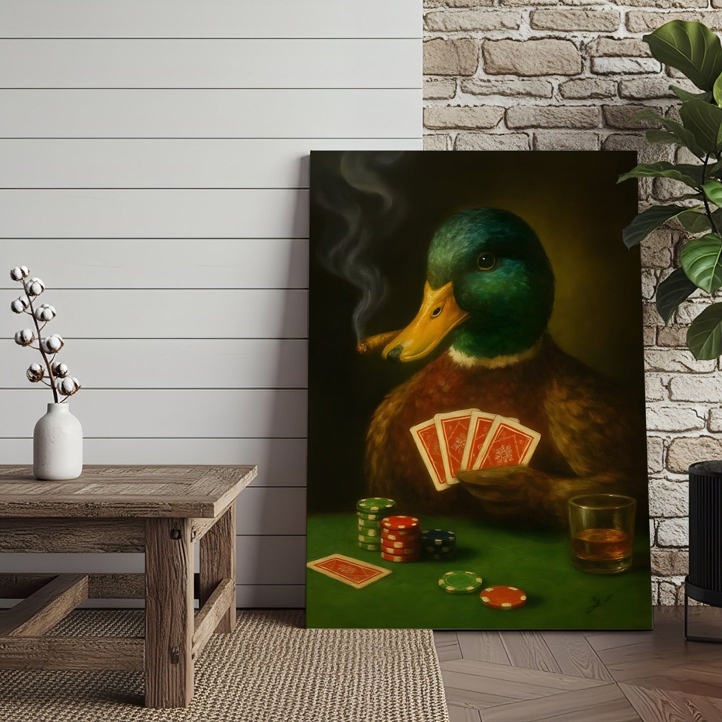 Funny Mallard Duck Canvas Wall Art, Rustic Poker Animal Portrait Playing Cards, Vintage Anthropomorphic Print for Man Ca