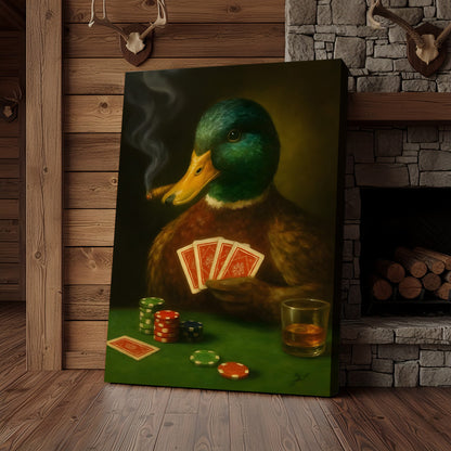 Funny Mallard Duck Canvas Wall Art, Rustic Poker Animal Portrait Playing Cards, Vintage Anthropomorphic Print for Man Ca