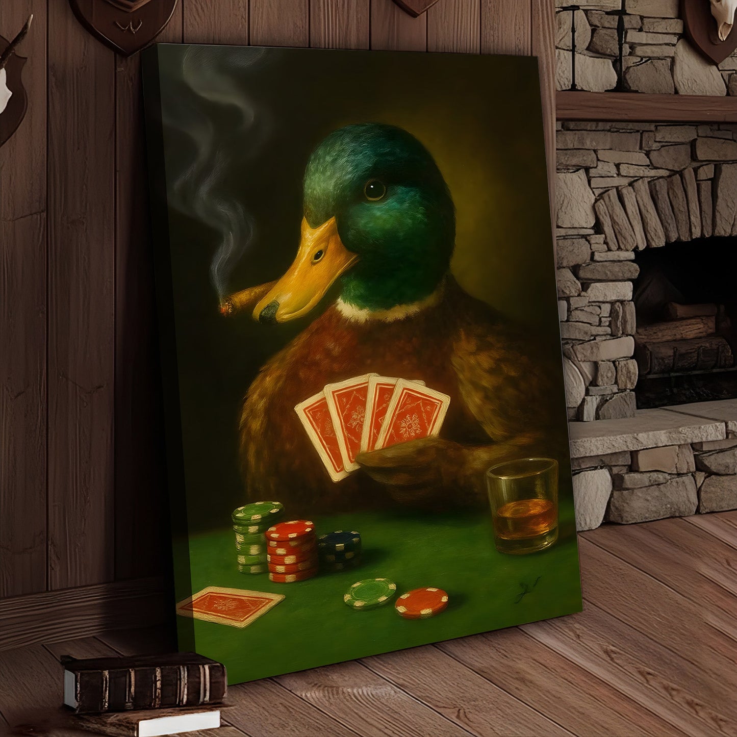 Funny Mallard Duck Canvas Wall Art, Rustic Poker Animal Portrait Playing Cards, Vintage Anthropomorphic Print for Man Ca