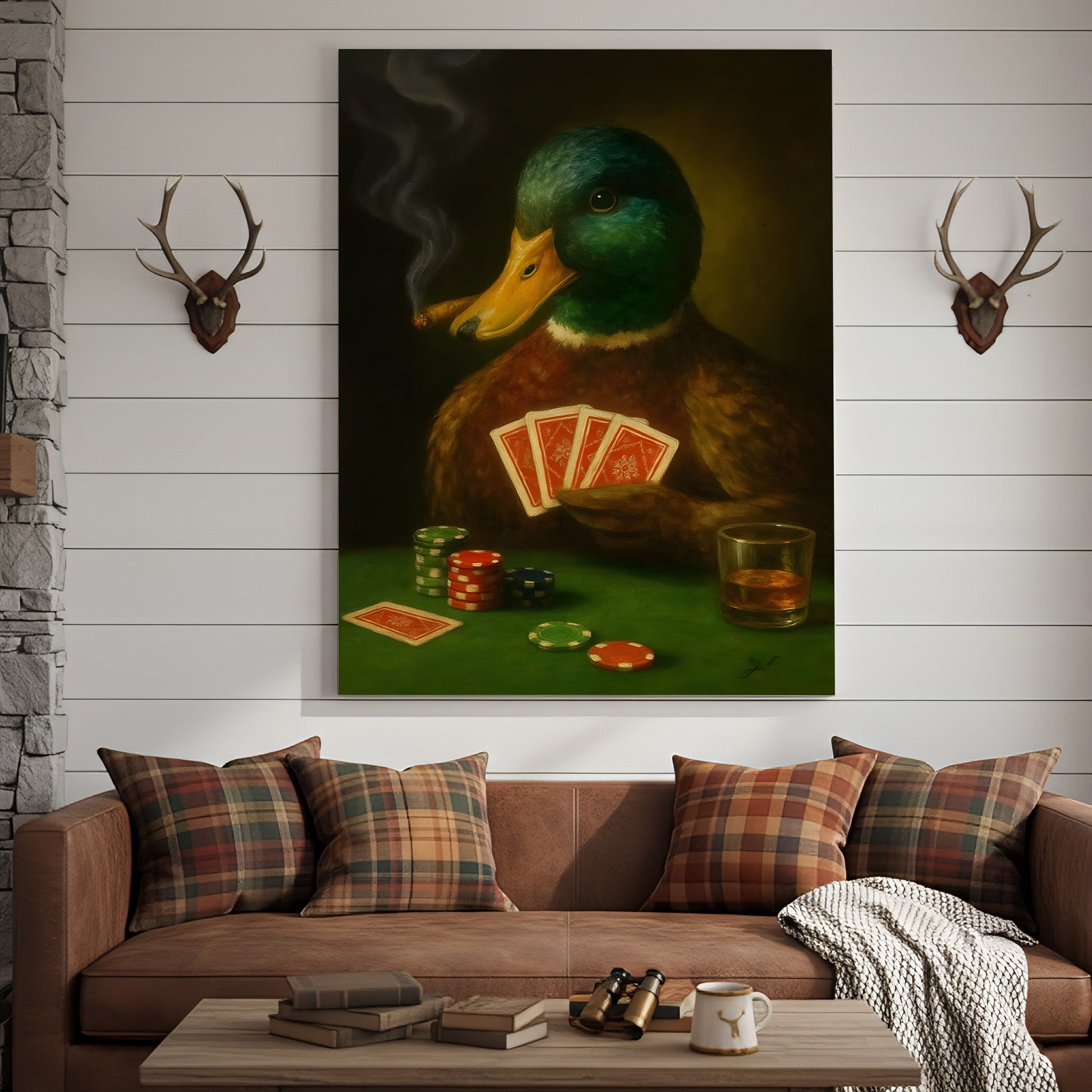 Funny Mallard Duck Canvas Wall Art, Rustic Poker Animal Portrait Playing Cards, Vintage Anthropomorphic Print for Man Ca