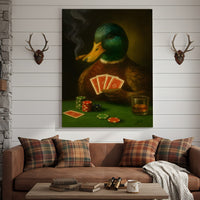 Funny Mallard Duck Canvas Wall Art, Rustic Poker Animal Portrait Playing Cards, Vintage Anthropomorphic Print for Man Ca