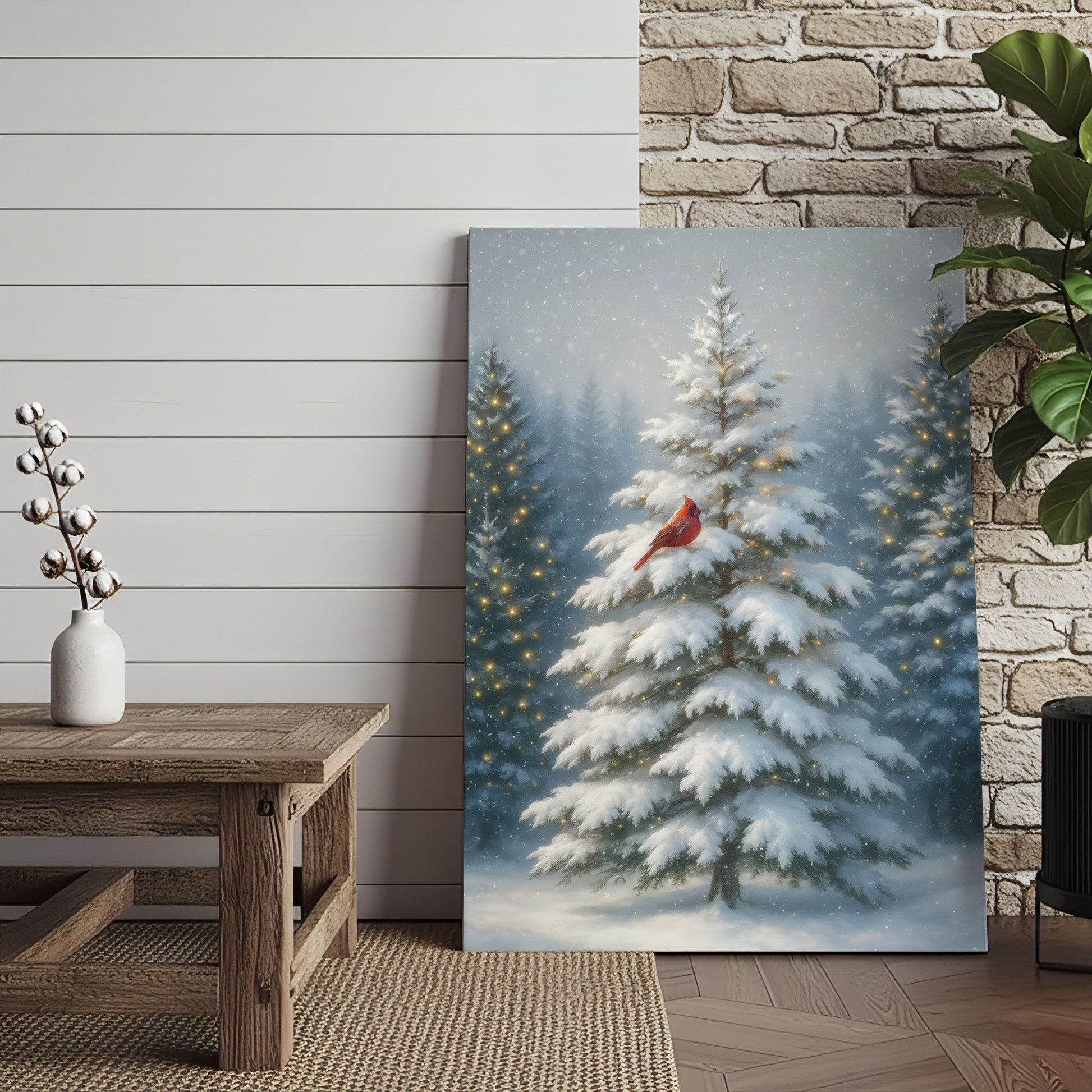 Cardinal in Snowy Christmas Forest Wall Art Canvas – Holiday Winter Decor Gift for Bird Lovers & Families