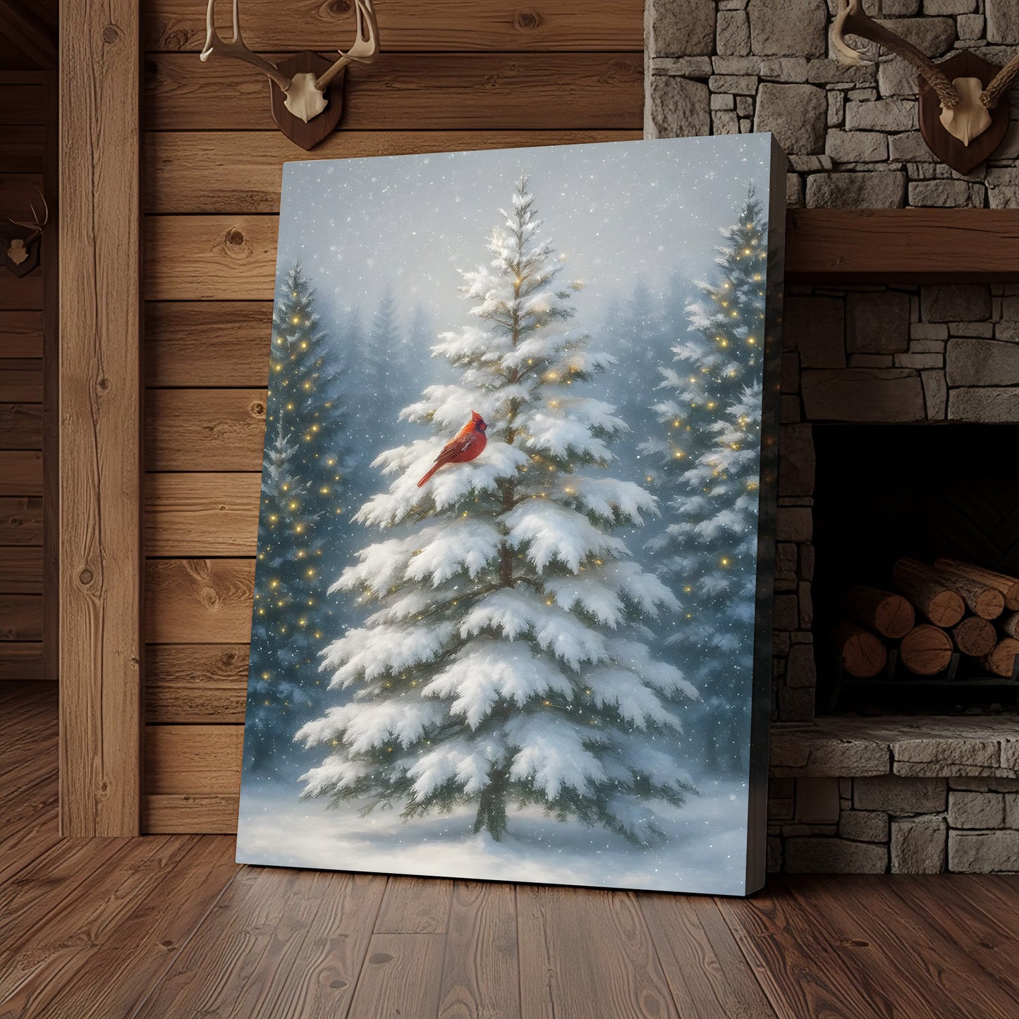 Cardinal in Snowy Christmas Forest Wall Art Canvas – Holiday Winter Decor Gift for Bird Lovers & Families