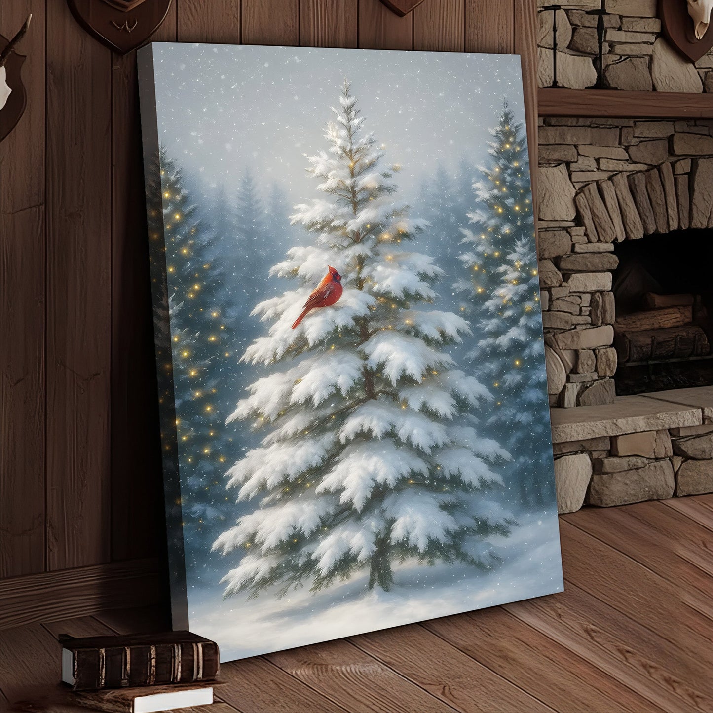Cardinal in Snowy Christmas Forest Wall Art Canvas – Holiday Winter Decor Gift for Bird Lovers & Families