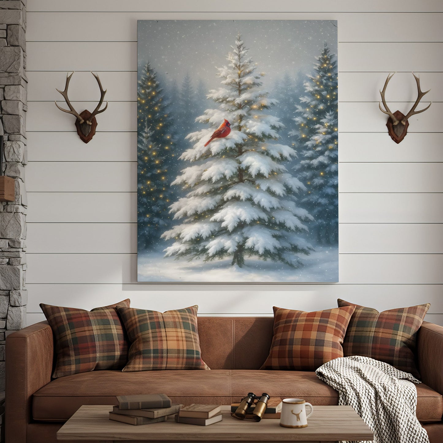 Cardinal in Snowy Christmas Forest Wall Art Canvas – Holiday Winter Decor Gift for Bird Lovers & Families