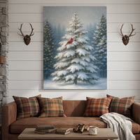 Cardinal in Snowy Christmas Forest Wall Art Canvas – Holiday Winter Decor Gift for Bird Lovers & Families