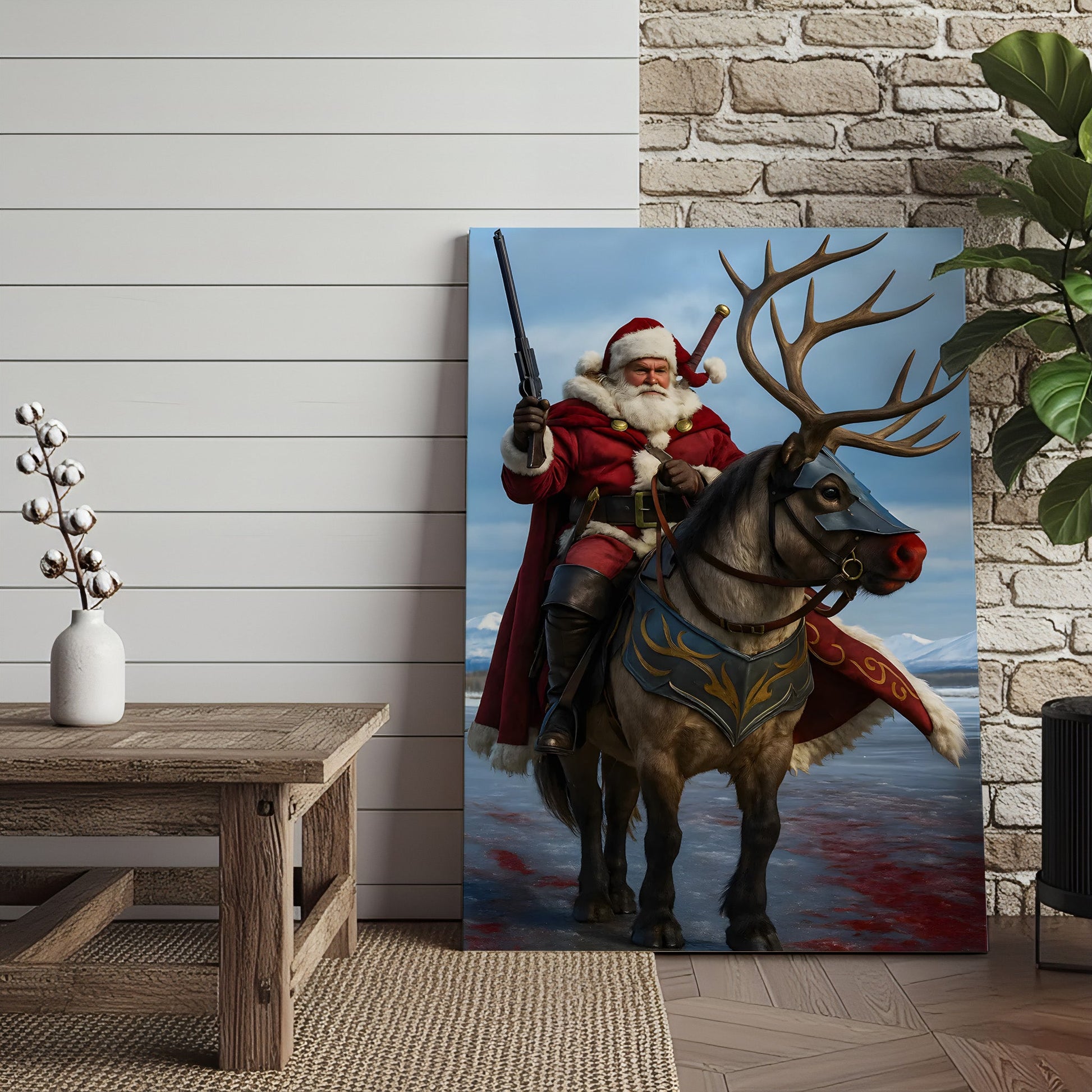 Epic Santa Riding Reindeer Canvas Wall Art, Fantasy Warrior Santa on Armored Reindeer Poster, Winter Christmas Wall Deco