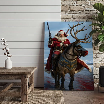 Epic Santa Riding Reindeer Canvas Wall Art, Fantasy Warrior Santa on Armored Reindeer Poster, Winter Christmas Wall Deco