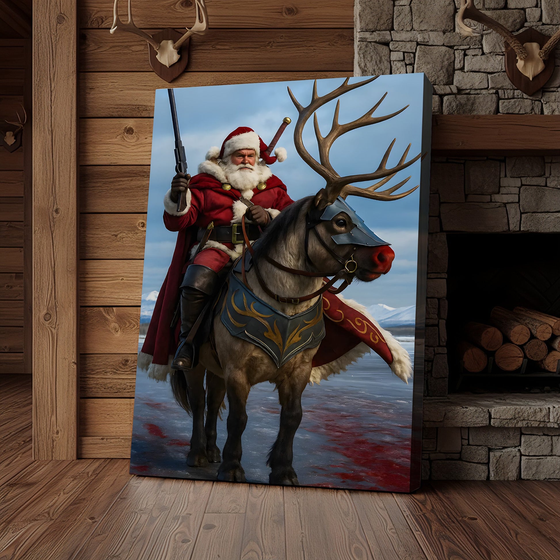 Epic Santa Riding Reindeer Canvas Wall Art, Fantasy Warrior Santa on Armored Reindeer Poster, Winter Christmas Wall Deco