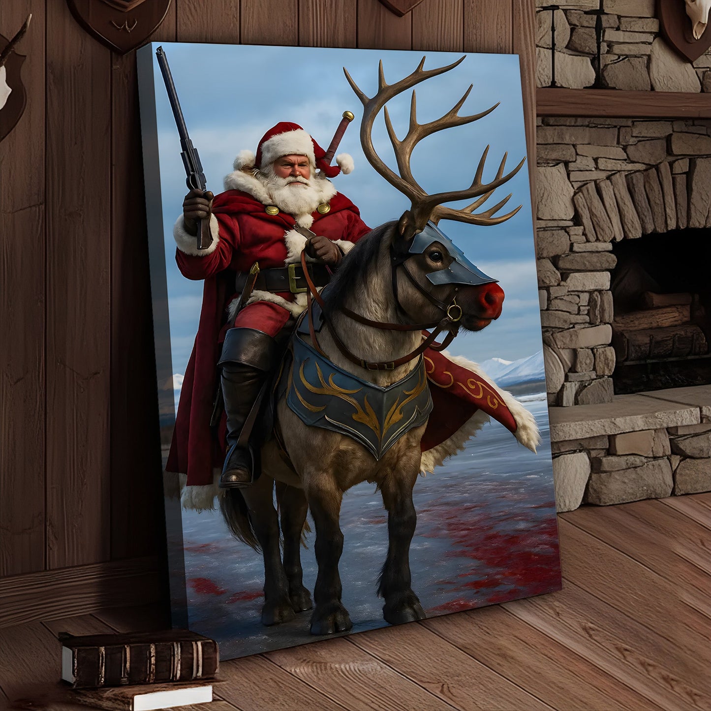 Epic Santa Riding Reindeer Canvas Wall Art, Fantasy Warrior Santa on Armored Reindeer Poster, Winter Christmas Wall Deco