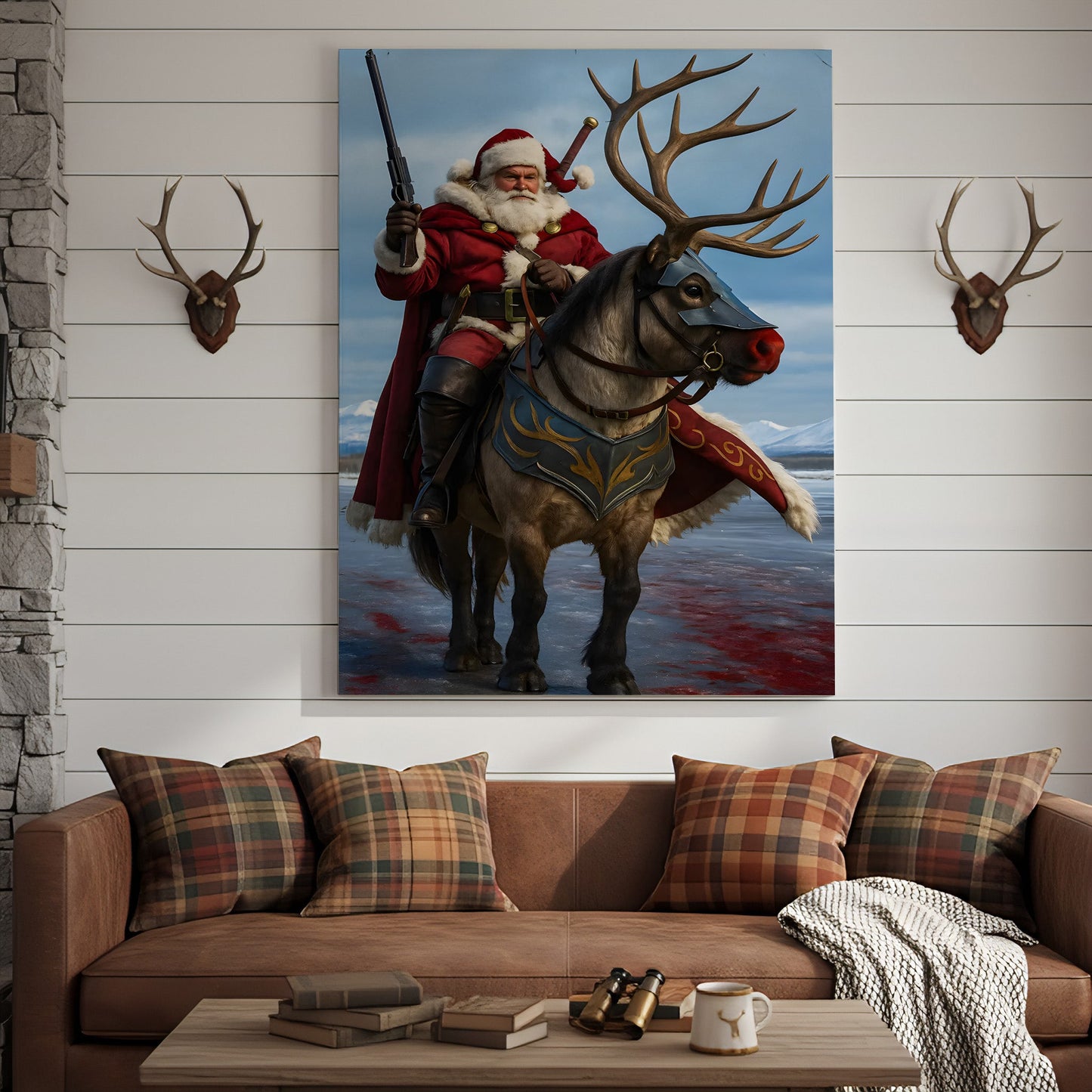 Epic Santa Riding Reindeer Canvas Wall Art, Fantasy Warrior Santa on Armored Reindeer Poster, Winter Christmas Wall Deco