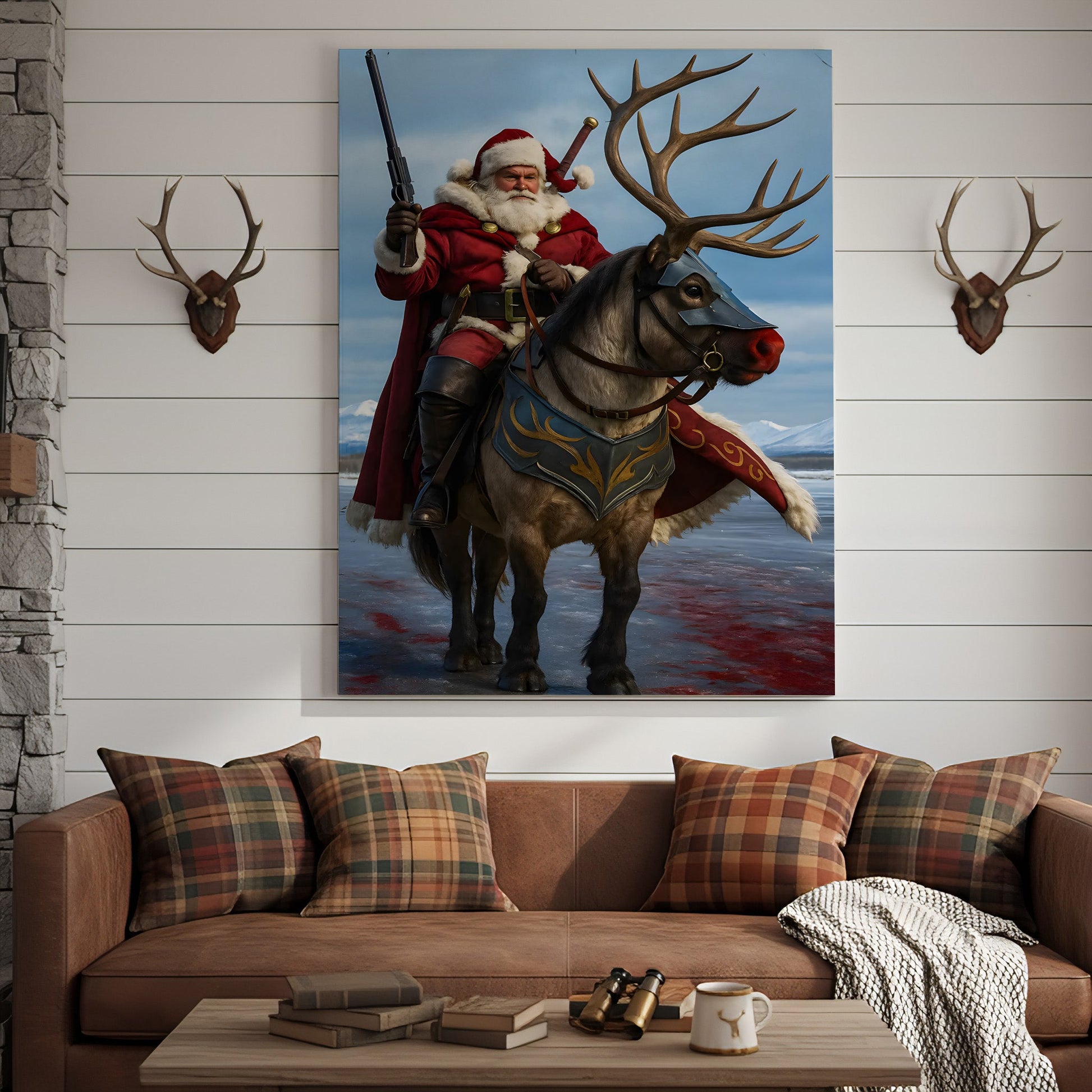 Epic Santa Riding Reindeer Canvas Wall Art, Fantasy Warrior Santa on Armored Reindeer Poster, Winter Christmas Wall Deco