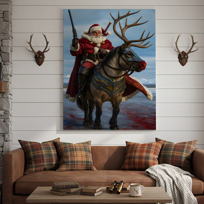 Epic Santa Riding Reindeer Canvas Wall Art, Fantasy Warrior Santa on Armored Reindeer Poster, Winter Christmas Wall Deco