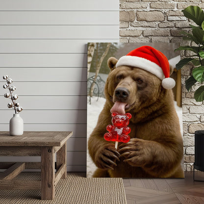 Funny Christmas Bear Canvas Wall Art, Santa Hat Brown Bear With Candy Print, Cute Winter Holiday Cabin Decor