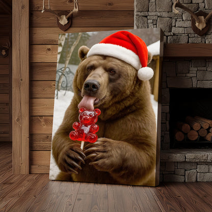 Funny Christmas Bear Canvas Wall Art, Santa Hat Brown Bear With Candy Print, Cute Winter Holiday Cabin Decor