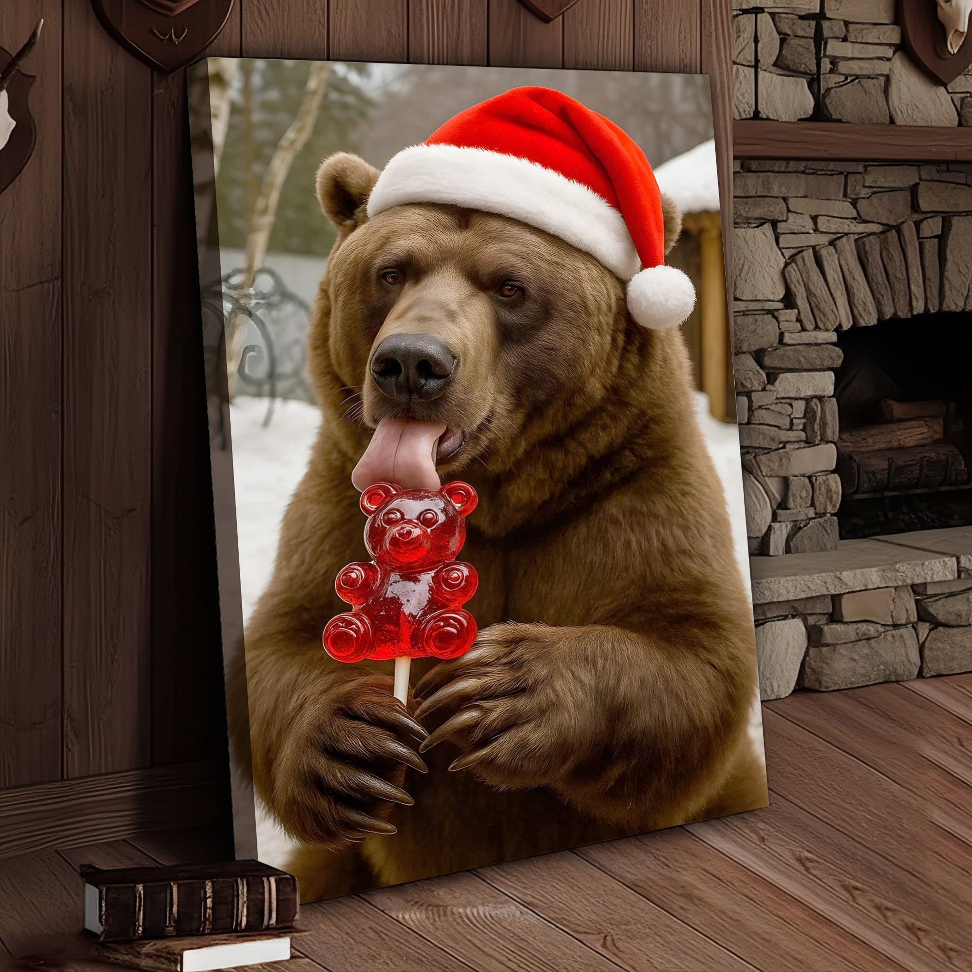 Funny Christmas Bear Canvas Wall Art, Santa Hat Brown Bear With Candy Print, Cute Winter Holiday Cabin Decor