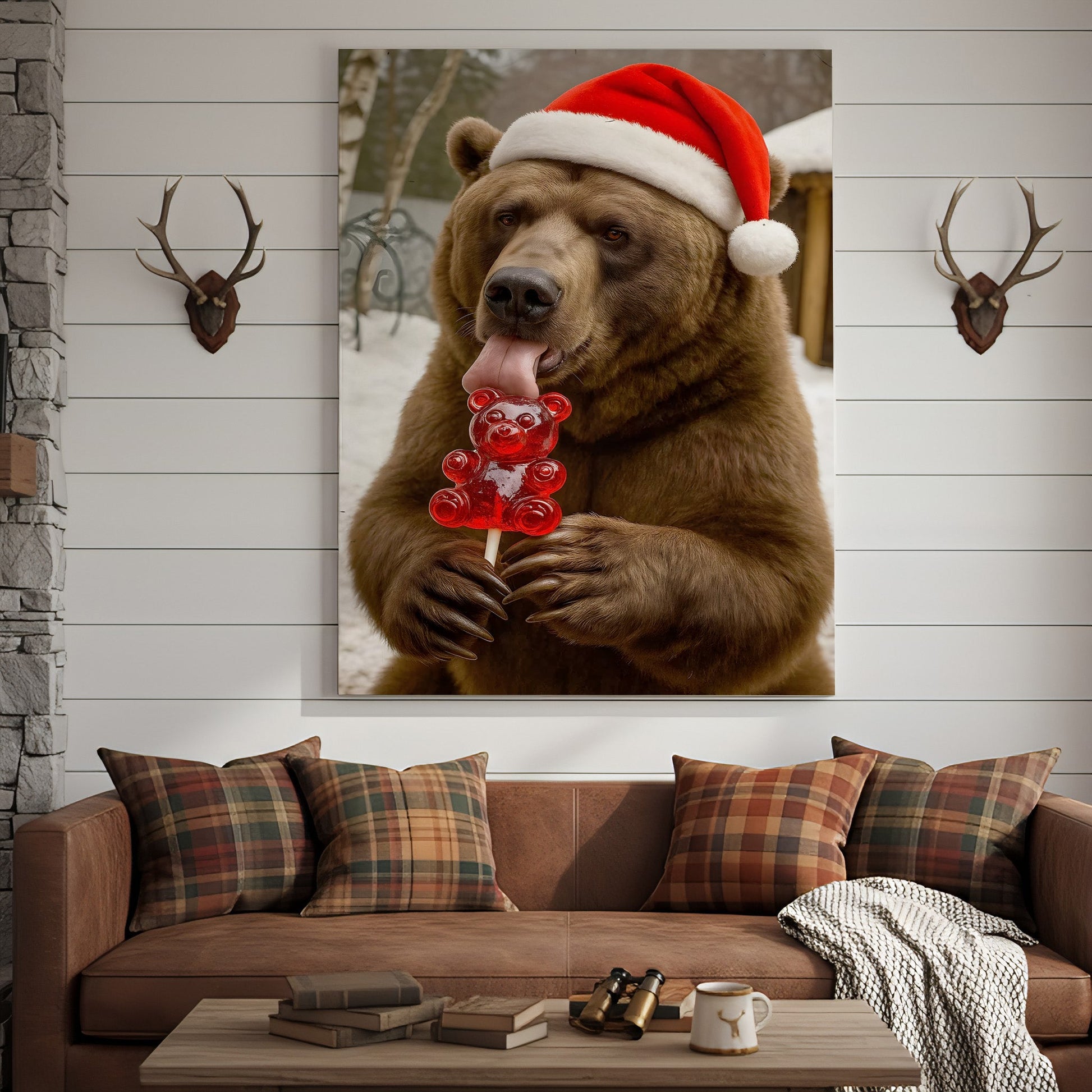Funny Christmas Bear Canvas Wall Art, Santa Hat Brown Bear With Candy Print, Cute Winter Holiday Cabin Decor
