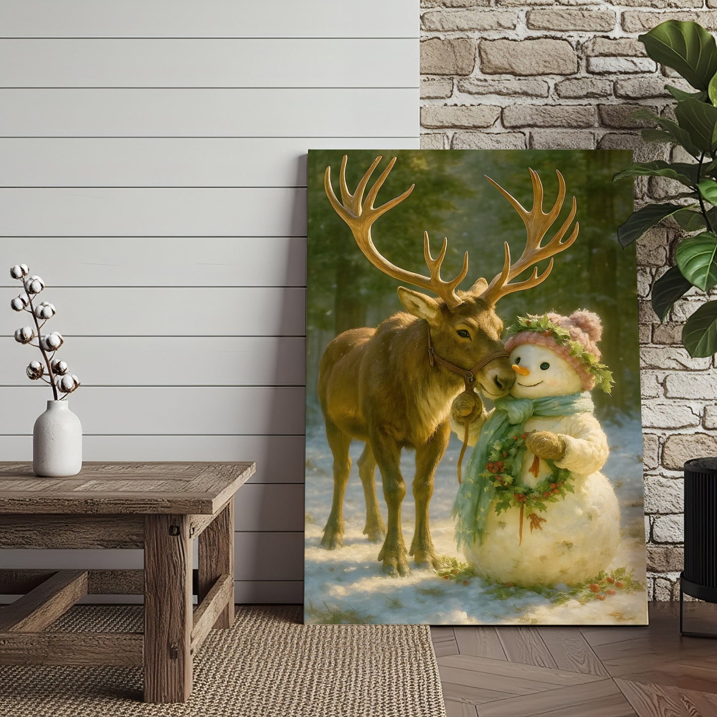 Reindeer and Snowman Friends Christmas Canvas Wall Art, Whimsical Winter Forest Holiday Print, Cozy Woodland Farmhouse C