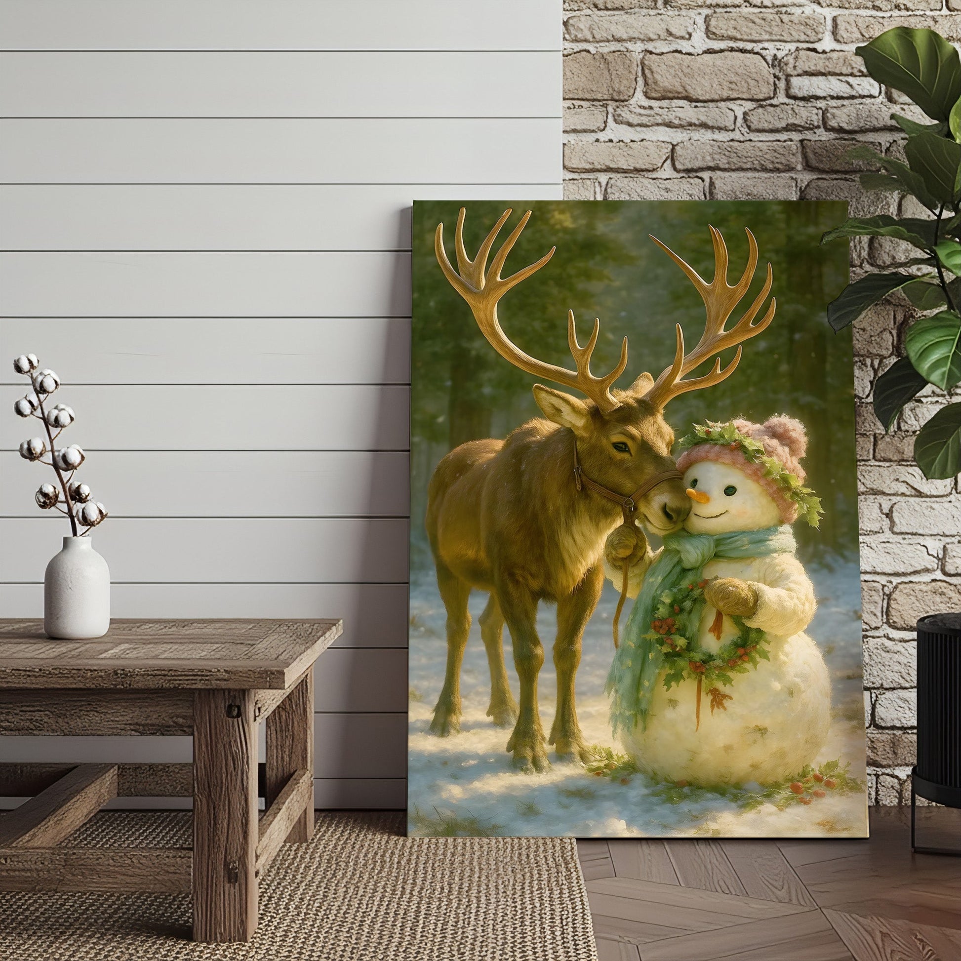 Reindeer and Snowman Friends Christmas Canvas Wall Art, Whimsical Winter Forest Holiday Print, Cozy Woodland Farmhouse C