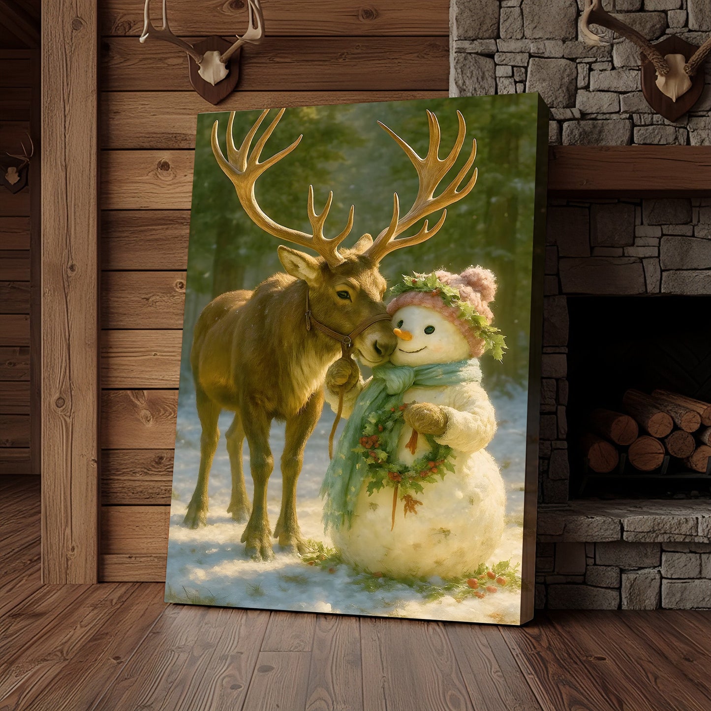 Reindeer and Snowman Friends Christmas Canvas Wall Art, Whimsical Winter Forest Holiday Print, Cozy Woodland Farmhouse C