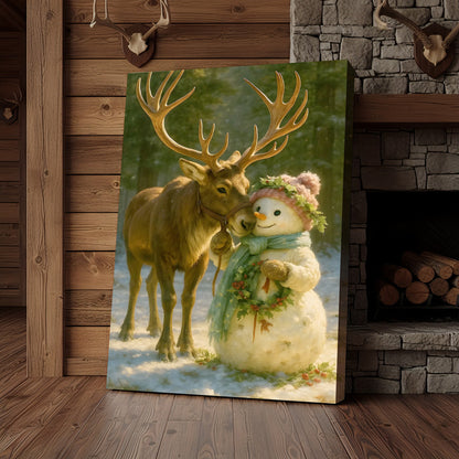 Reindeer and Snowman Friends Christmas Canvas Wall Art, Whimsical Winter Forest Holiday Print, Cozy Woodland Farmhouse C