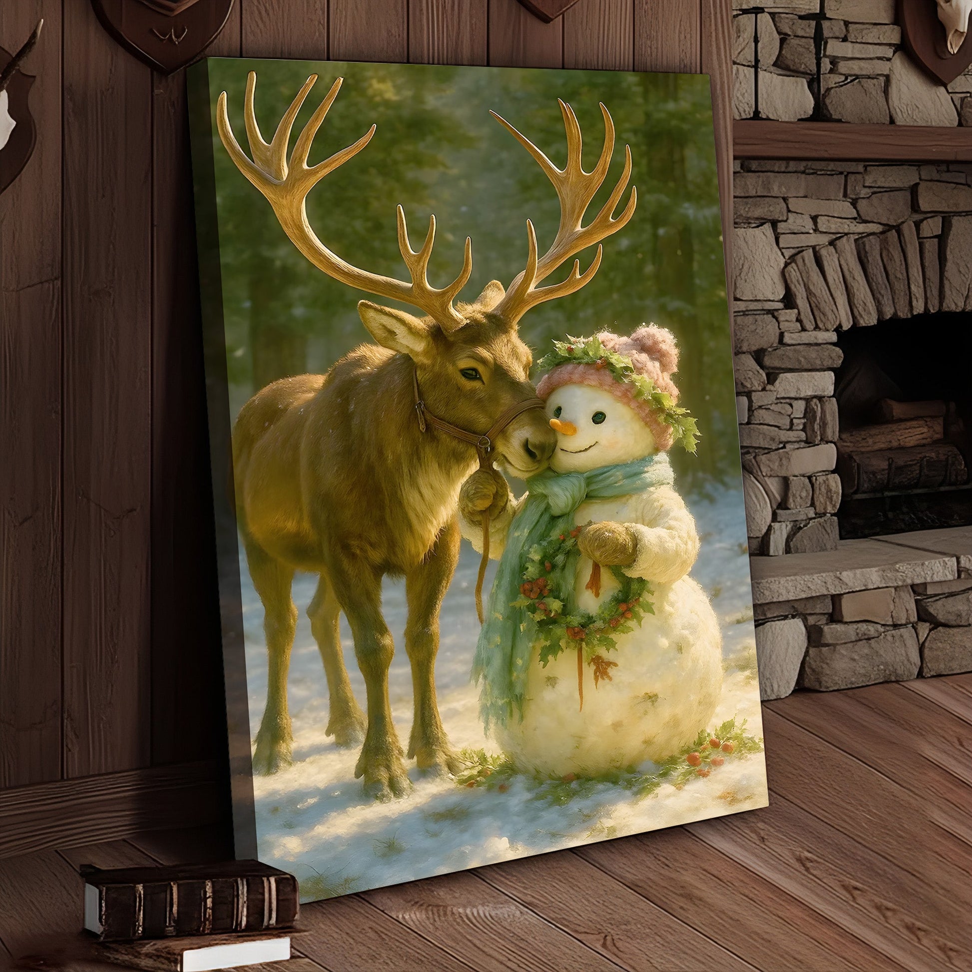 Reindeer and Snowman Friends Christmas Canvas Wall Art, Whimsical Winter Forest Holiday Print, Cozy Woodland Farmhouse C